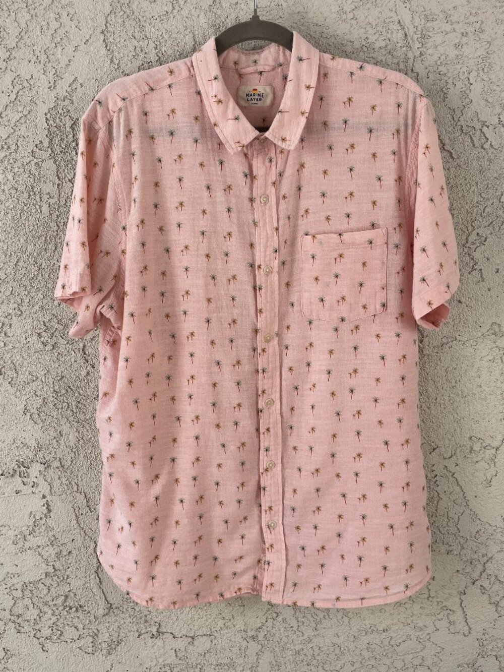 Marine Layer Mens Shirt Pink Palm Tree Print Short Sleeve Cotton Button Up Large